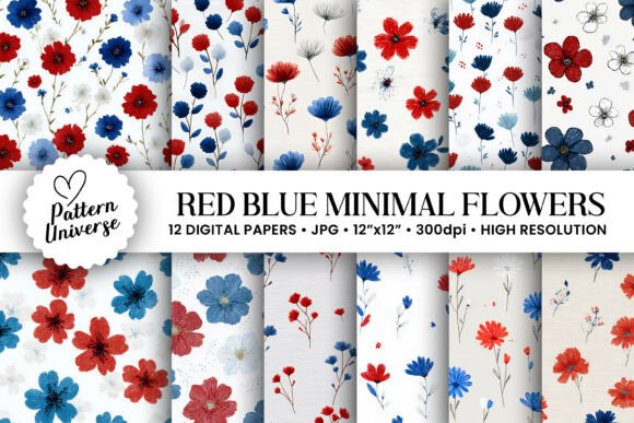 Download Red Blue Minimal Flowers Pattern - Flowers Collection