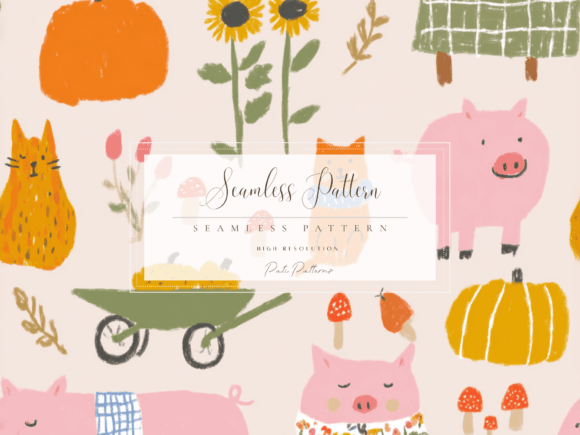 Download Cute Farm Autumn Pig and Cat Seamless Pattern PNG - Cute Collection