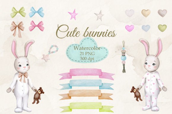 Download Cute Bunnies.Boy and Girl.Watercolor PNG - Cute Collection